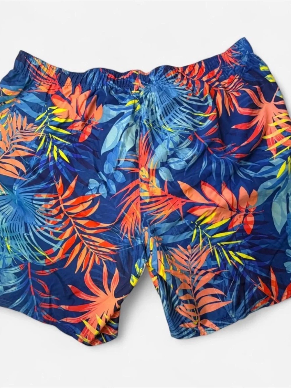 Peyton & Parker Navy Tropical Leaf Print Swim Trunks with Coral Accents